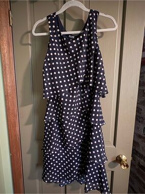 SLNY Navy Polka Dot Tiered Midi Dress